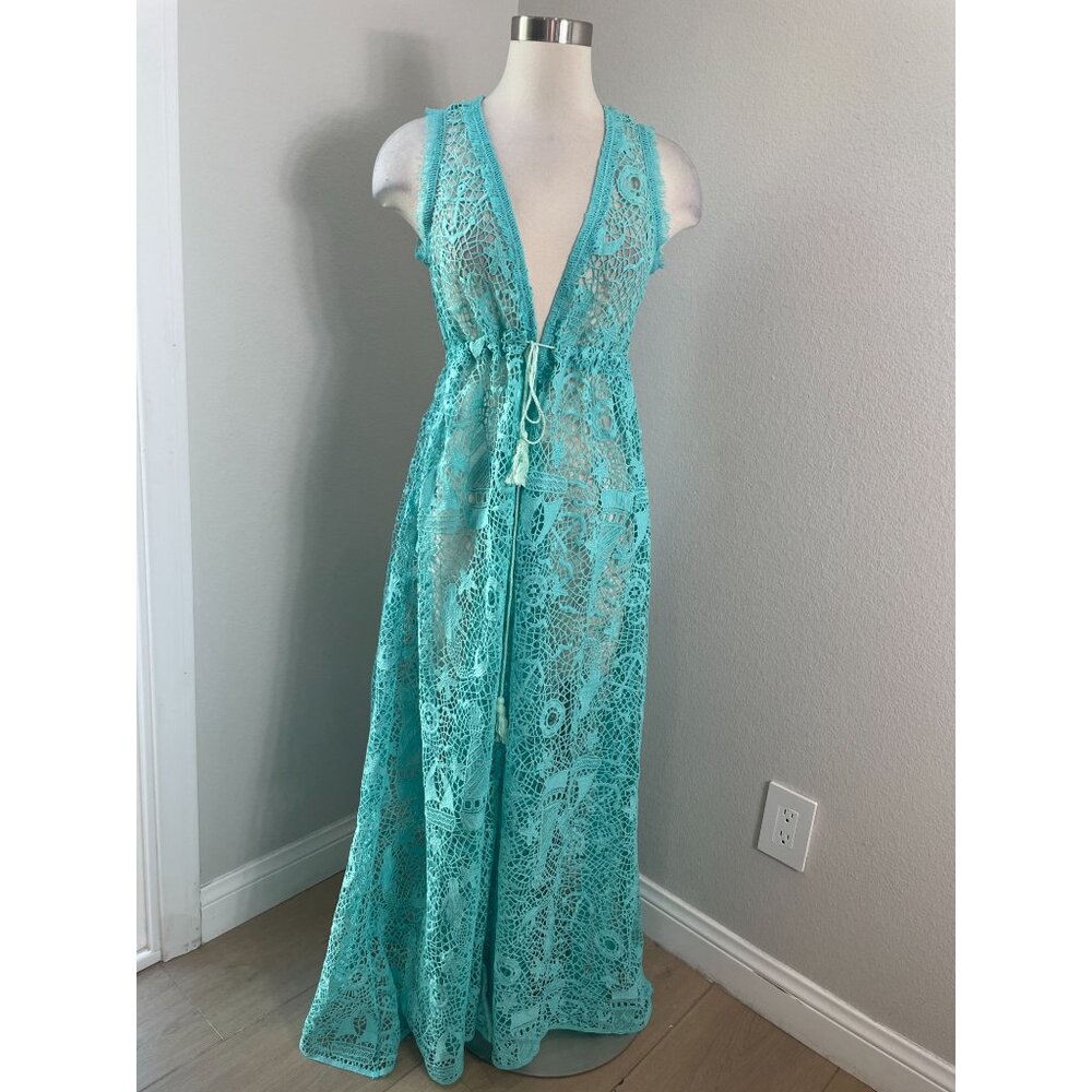 Antica Sartoria Giacomo Cinque Womens One Size‎ Turquoise Crochet Maxi Cardigan